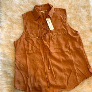 Mileage Coral Sleeveless Blouse Lace Up Neck Zipper Pockets Juniors XL